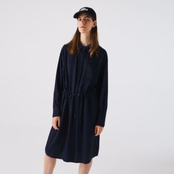 Lacoste Fitted Crepe Shirt Dress - Šaty Dámské Tmavě Blankyt Blankyt | CZ-xReURy